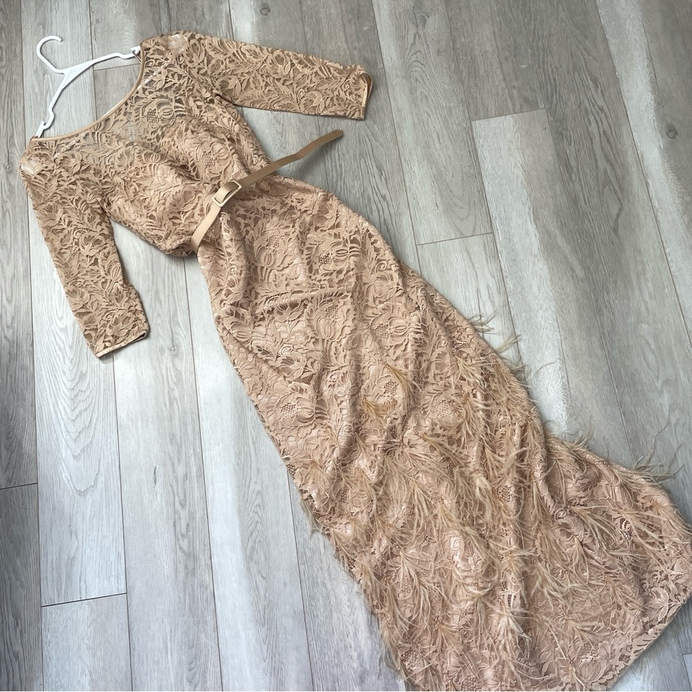 Theia Maxi Dress lace feather long sleeve womens Beige (size 0) formal cocktail